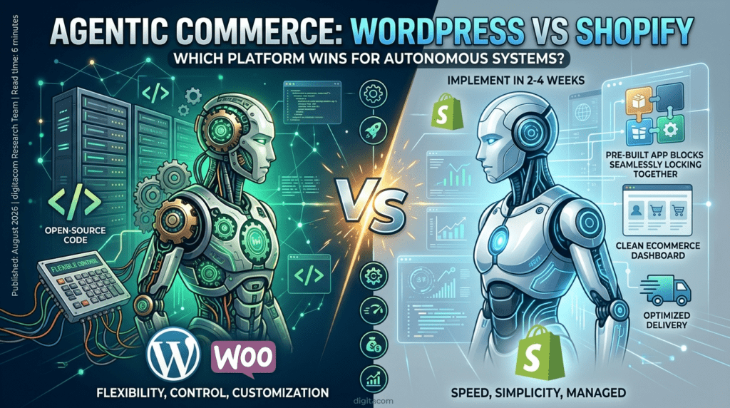 Two AI robots facing each other in a futuristic tech environment, comparing WordPress (left side in green with open-source code and customization icons) vs Shopify (right side in light blue with pre-built app blocks and fast implementation). The image illustrates platform differences for agentic commerce systems.
