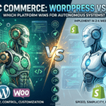 Two AI robots facing each other in a futuristic tech environment, comparing WordPress (left side in green with open-source code and customization icons) vs Shopify (right side in light blue with pre-built app blocks and fast implementation). The image illustrates platform differences for agentic commerce systems.