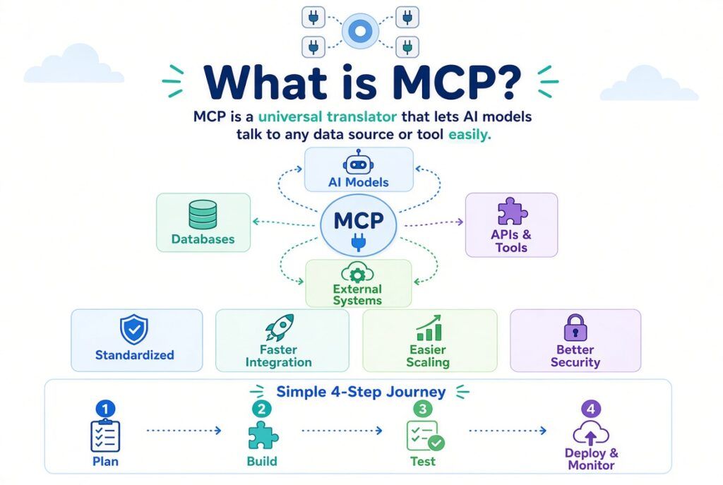 Infographic titled “What is MCP?” showing MCP as a central hub connecting AI Models, Databases, APIs & Tools, and External Systems, with four key benefits and a simple 4-step journey from Plan to Deploy & Monitor.